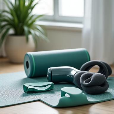 Resistance bands and foam rollers arranged on a yoga mat.