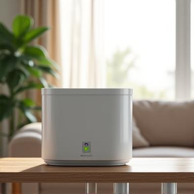 A sleek air purifier in a modern living room setting.