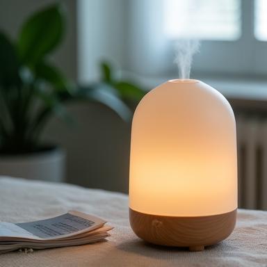 A hand holding an aromatherapy diffuser with calming light.