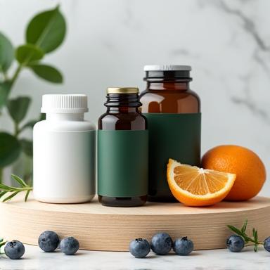 Various supplement bottles labeled vitamins, minerals, and adaptogens.