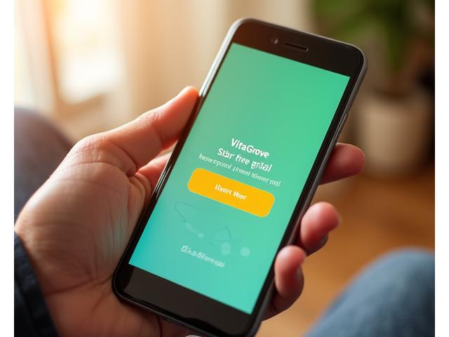 A vibrant image of a smartphone displaying the VitaGrove app's intuitive interface, with 'Start Your Free Trial' button prominently featured, signifying easy access to personalized wellness technology